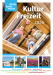 Das Bild zeigt das Titelblatt des Kultur- und Freizeitführers für den Rhein-Kreis Neuss 2026. Es zeigt spielende Kinder auf einer Holzkonstruktion, eine Landschaftsgartenschau, die Festungsmauer in Zons, ein Tulpenfeld und eine Musikerin. Verschiedene Schlagworte wie Städte, Geschichte, Kunst, Familienfreizeit, Radfahren und Feste werden hervorgehoben.